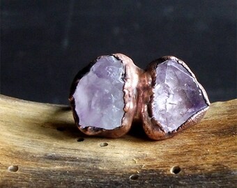 Raw Amethyst Ring Rough Stone Jewelry Raw Crystal Dual Stone Size 7 Ring February Birthstone Ring Copper Gemstone Ring