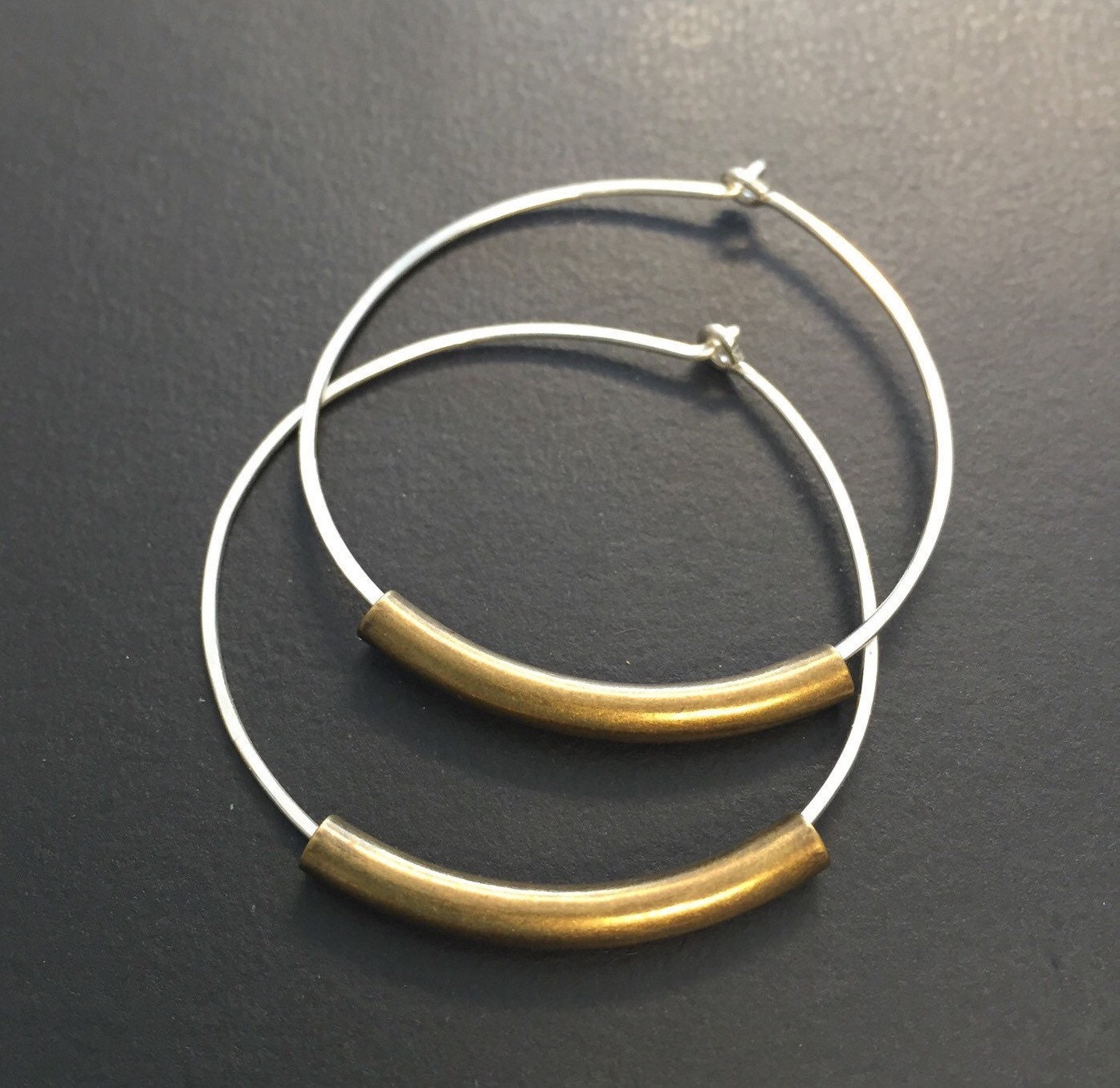 Sterling silver and brass hoop earrings