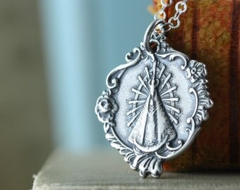 Virgin Mary Necklace, Catholic Charm Necklace, Solid Sterling Silver, Tiny Roses, Art Nouveau, Antique Catholic Medal Reproduction