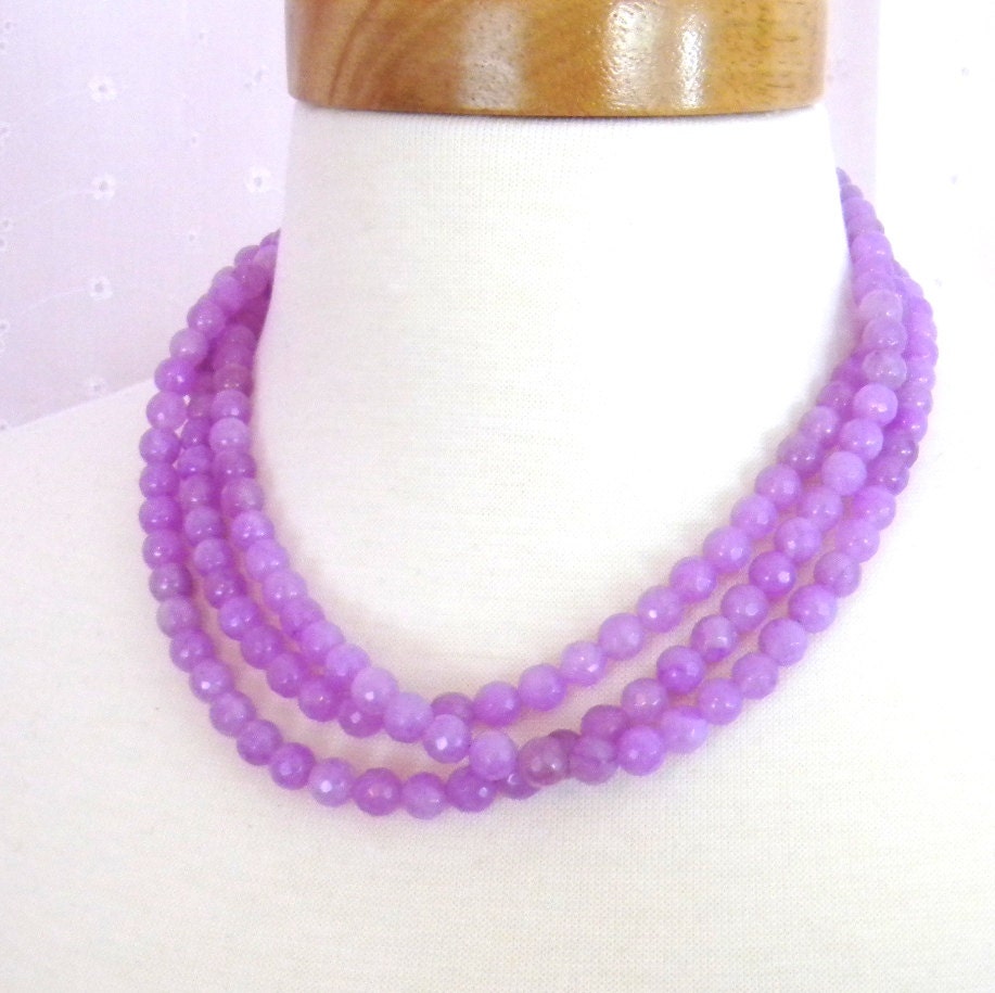 Purple Jade Layered Necklace Beaded Triple Strand Necklace