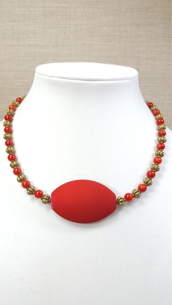 Antique Brass and Red Beaded Choker Necklace by SassyHatCF on Etsy