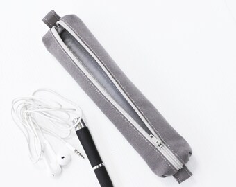 Simple Grey Pencil Case, Cotton Canvas Zipper Pouch, Small Cosmetic Pouch