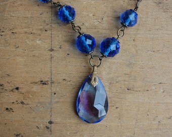 Vintage 1930s faceted blue glass bead necklace ∙ Art Deco bead necklace