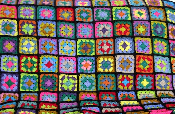 Granny Square Crochet Blanket Afghan Stained Glass Style