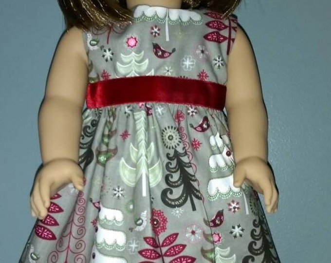 All Dressed for Christmas, dress and shirt for 18 inch Dolls, tree prints, white blouse doll dress, doll outfit