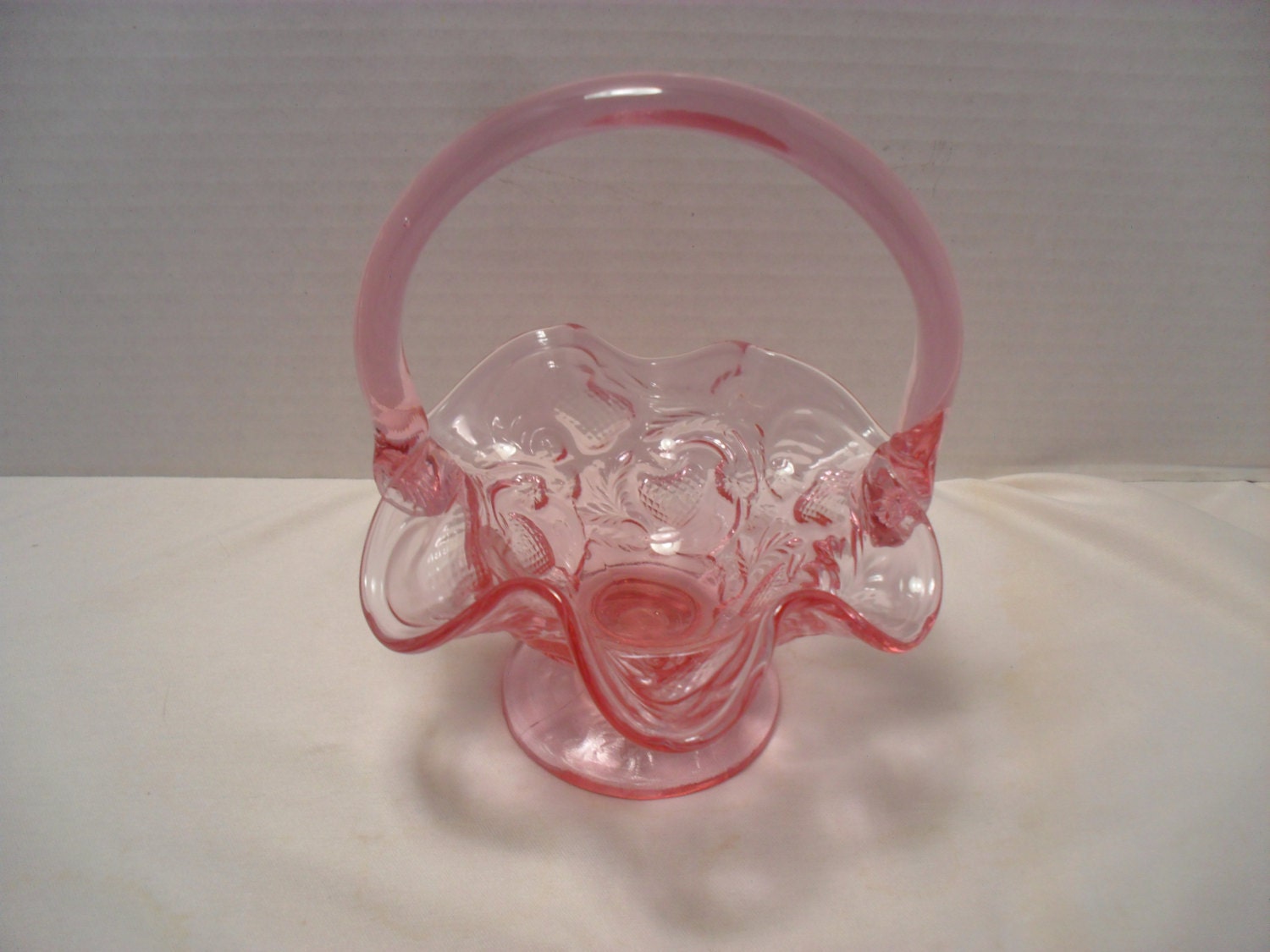 Fenton Pink Glass Basket with Strawberry Hearts Pattern