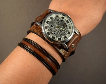 Leather Watch-Steampunk Watch-Cuff Watch-Men Watch-Women Watch-Jewelry Set-Skeleton Watch-Gift for Men-Gift for Her-Gifts-Watch