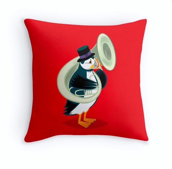 Puffin On A Tuba - Red Childrens Cushion Cover / Throw Pillow Cover (16" x 16") by Oliver Lake