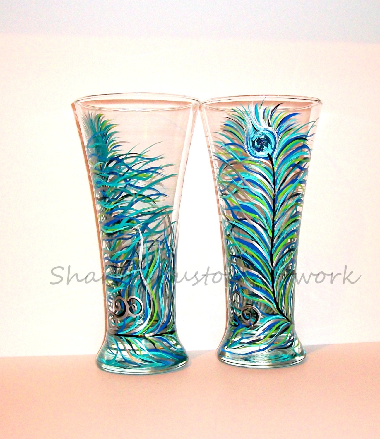 Peacock Feather Hand Painted Beer Glasses By Sharonscustomartwork