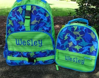 Personalized Boys Backpack SET - SHARKS Backpack and Lunch Box Stephen Joseph Backpack Set