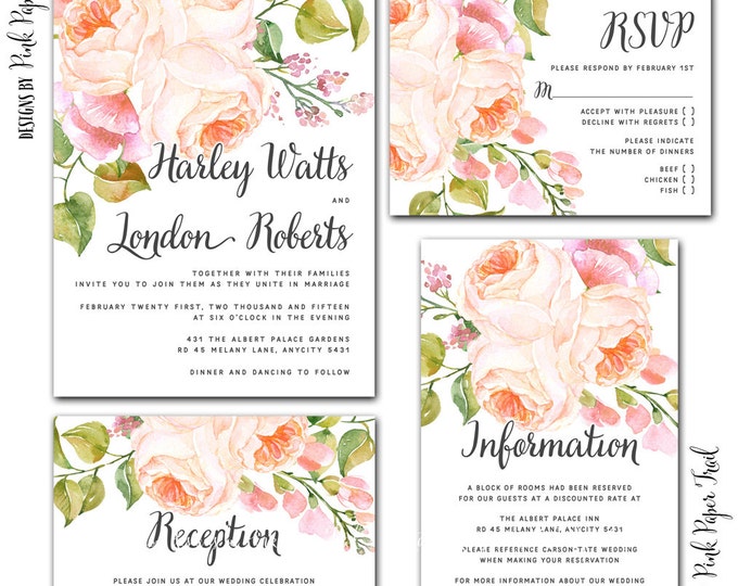 Printable Wedding Invitation Suite v.5, 4pcs set, Floral, Romantique, Bohemian, Rustic, Country, Garden Wedding, I will customize for you