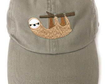Sloth baseball cap for men or women, khaki with wide brim and adjustable back