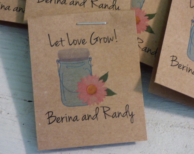 Personalized Mason Jar with Pink Gerber Daisy Design MINI Seeds Let Love Grow Flower Seed Packet Favor Shabby Chic Rustic Cute Little Favors