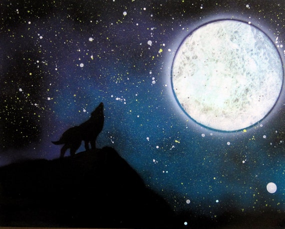 Items similar to Spray Paint Wolf Howling at Moon Landscape Poster ...