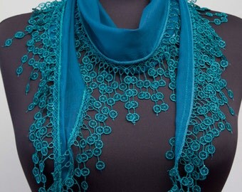 Fringed lace scarf ,triangle lace scarf , guipure scarf, flowered ,woman scarf, Plain , Teal