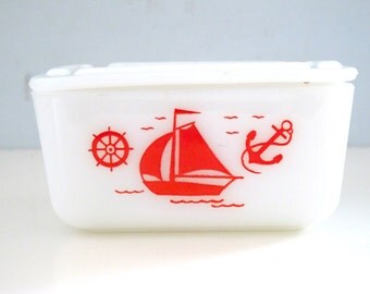 Vintage McKee Red Sailboat Milk Glass Dish with Lid