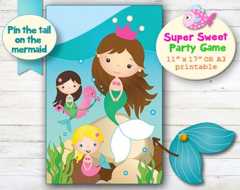 Mermaid Party Game, Pin the Tail on the Mermaid Party Game, Mermaid Printables, Undersea Party Decor, Girl's Party, Birthday Party Ideas