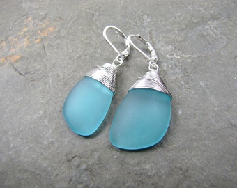 blue seaglass earrings cultured beach glass jewelry bridesmaid earrings Pacific Ocean blue