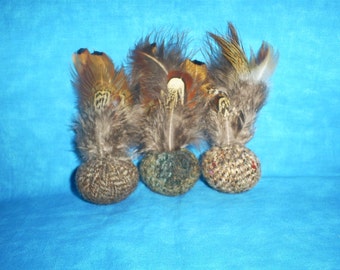 3 Recycled, Boy Kitties, felted wool and feathers. CAT TOYS with organic catnip.