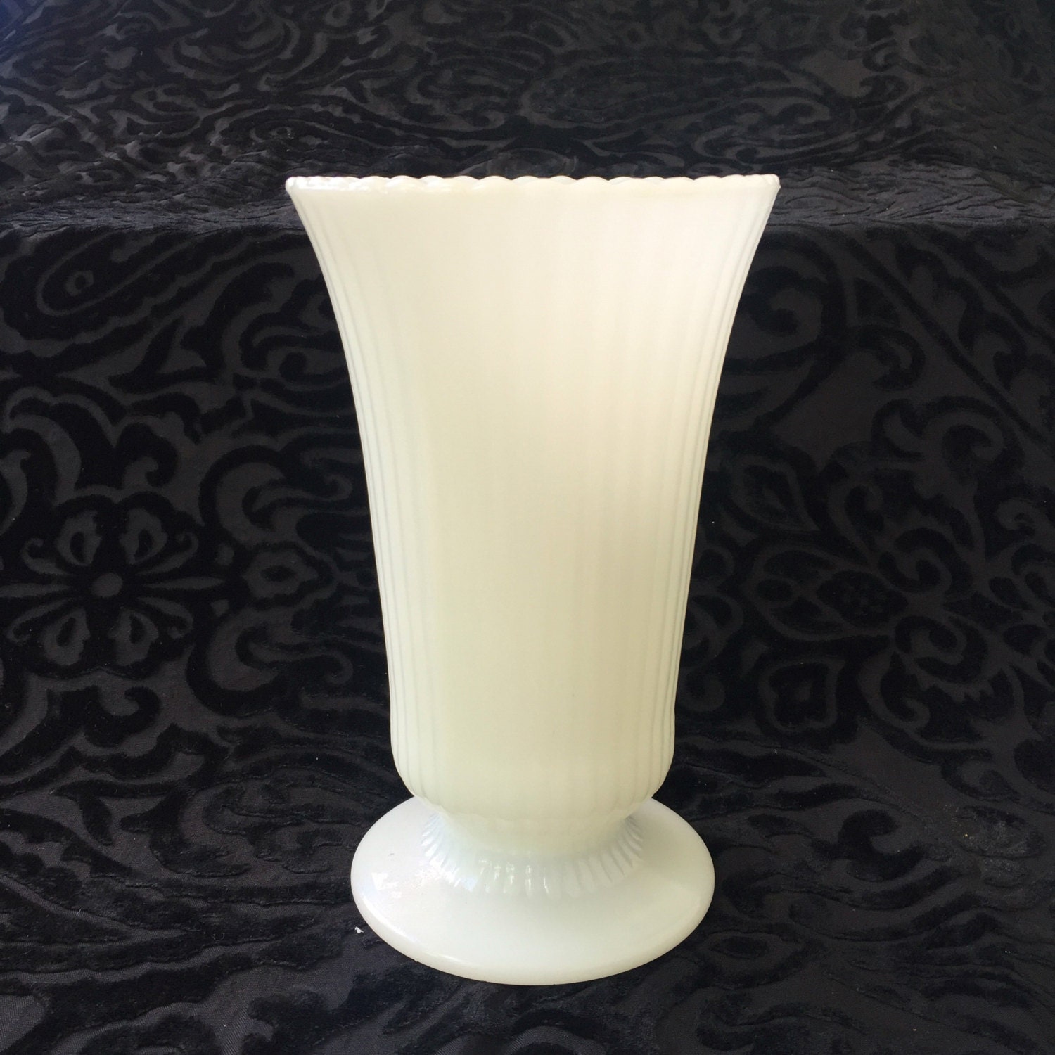 Vintage Milk Glass Tall Vase Ribbed and Fluted with Scalloped
