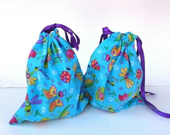 Set of 2 Bugs, Butterflies and Dragonflies Kids Birthday Drawstring Fabric Gift Bag Upcycled, Reusable
