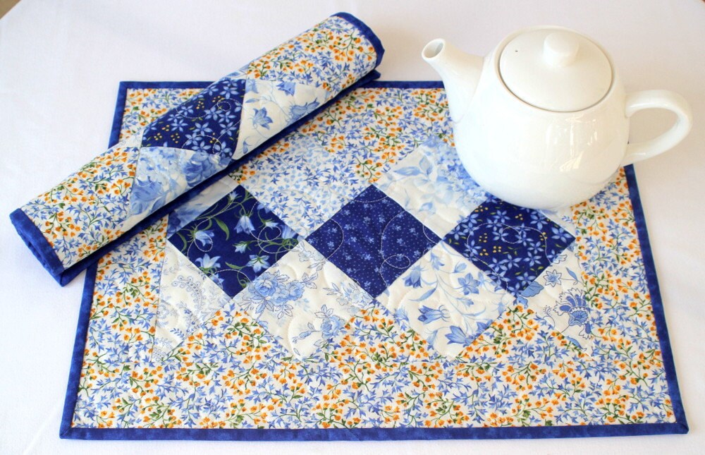 Quilted Placemats Blue Yellow Table Mats Floral Placemats