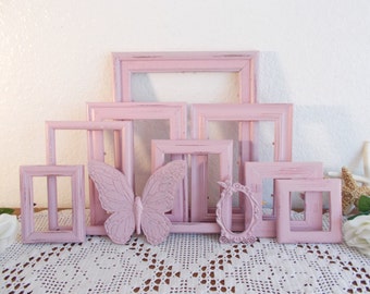 Pink Frame Set Rustic Shabby Chic Distressed Picture Photo Wall Gallery Collection French Country Farmhouse Paris Baby Nursery Home Decor