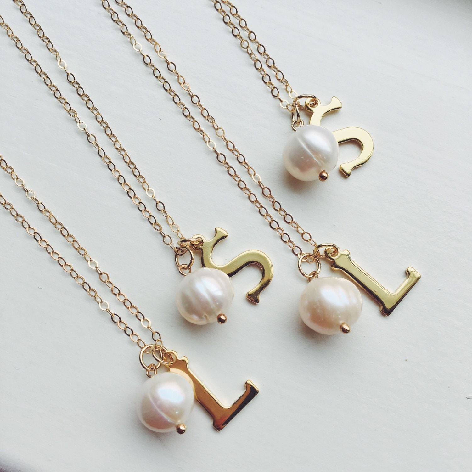 Gold Freshwater White Pearl Necklace with Initial - 14k gold filled chain - Bridesmaid Jewelry - Wedding Jewelry