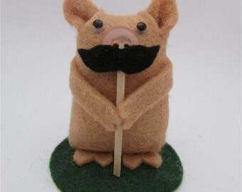 Marlon the Moustache Pig - Felt Pig Gift - Pig Cake Topper