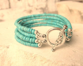 Multi Strand Turquoise Bracelet. Six Strand Bracelet. Green Turquoise Chunky Bracelet. Turquoise Jewelry.Turquoise Boho Jewelry