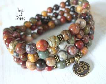 Celebrate Life 108 Picasso Jasper & Om Mala Bracelet or Necklace Reiki charged, Buddhist Rosary, Prayer beads, Gemstone mala, Free shipping