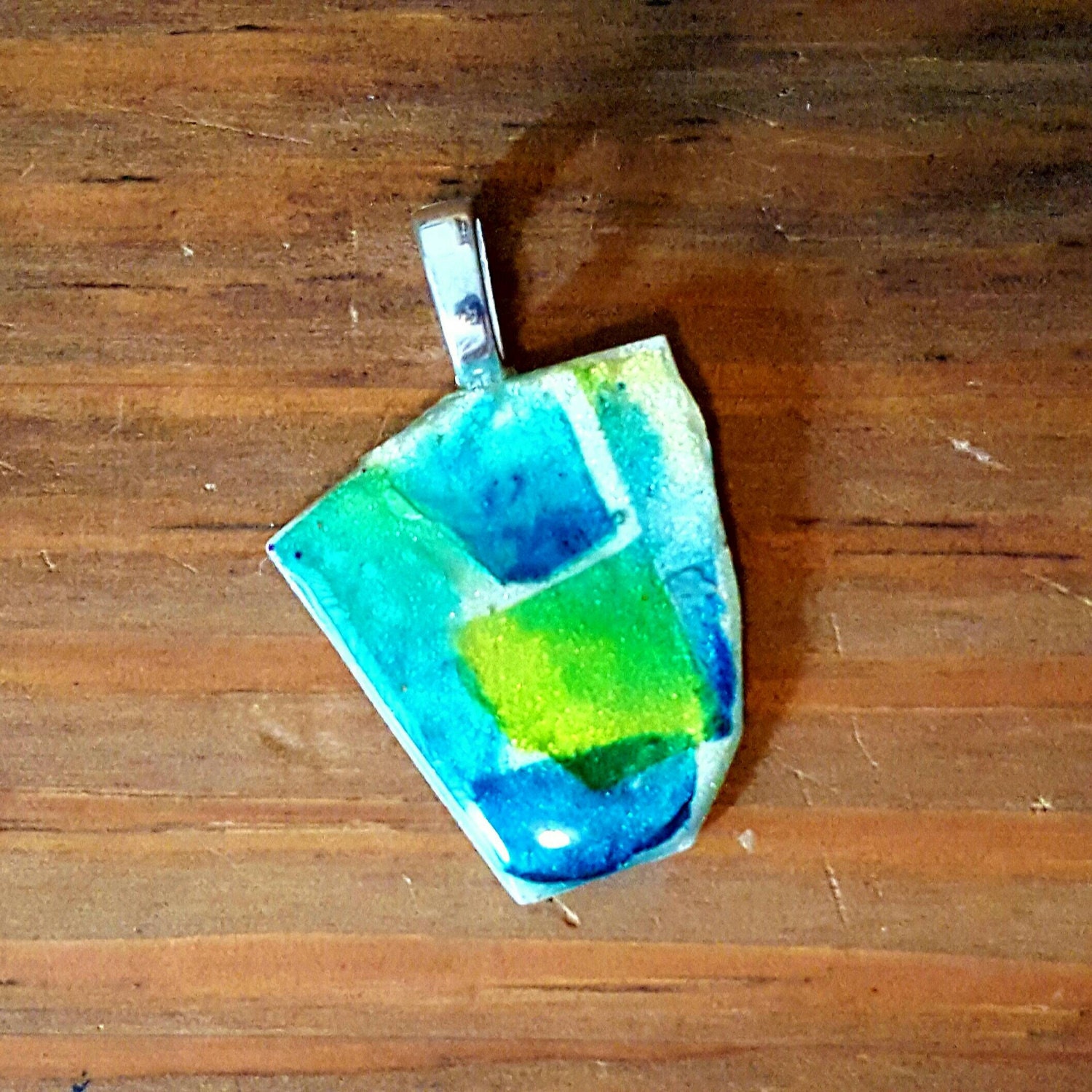 Watercolor Mosaic Polymer Clay Pendant Aqua Royal Blue Lime