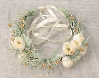 Ivory Flower Crown, Spring Wedding Floral Headpiece, Woodland Hair Piece, Bridal Head Wreath, Christmas, Holiday, Sage Green, Gold Berries