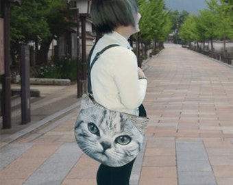 Silver kitty LARGE cross body bag, cat shoulder bag, cat portrait bag, cat purse, pet lover bag, white cat bag, CB-026