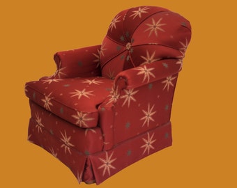 Upholstered Armchair Red Starburst Sateen Hollywood Regency Style Glamor