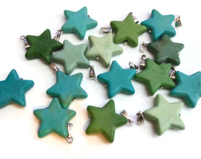 Instant jewelry star pendant, lot of 3 blue green stars, silver bail, natural gemstone, 22mm X 20mm, add to chain, charm bracelet, key ring