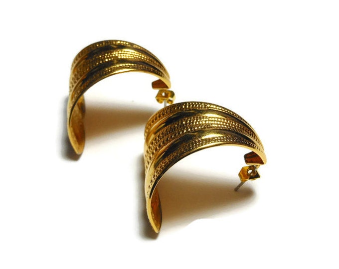 FREE SHIPPING Large repousse earrings, large gold tone half hoop reverse hammered textured pierced earrings