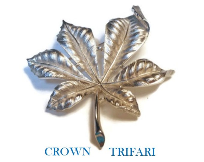 FREE SHIPPING Crown Trifari brooch, large silver leaf brooch 3d beautifully veined, beautifully detailed statement piece.
