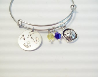 Alpha Kappa Phi Ago Sorority EXPANDABLE Bangle CHARM BRACELET Sailor Hat Blue Yellow Beads Stamped Silver Custom Made