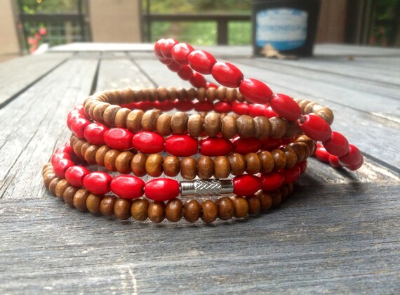 Red & Brown Wood Beaded Stack Bangles