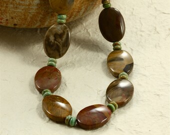Petrified Wood Jasper and Turquoise Necklace, Chunky Necklace, Brown Necklace, Jasper Necklace