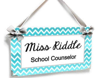 personalized school counselor classroom door sign - teal turquise chevron - P2511