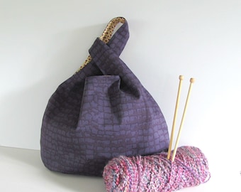Japanese knot bag, Knitting project bag, tote - purple handbag, Gift for knitters Sweater knitting bag