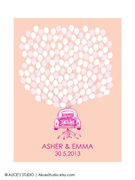 Hand Drawn Just Married Wedding Car Guest Book Poster Print