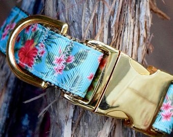 Hawaiian Dog Collar - Floral Dog Collar, Adjustable, Summer Dog Collar, Gold Buckle, Tropical, Unisex Dog Collar, Beach Dog Collar
