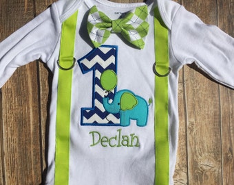Boys first birthday elephant bodysuit with suspenders and bow tie