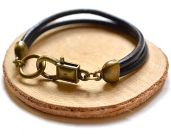 Bracelet - Leather Cord and Bronze - Boho Rock Style - Handmade