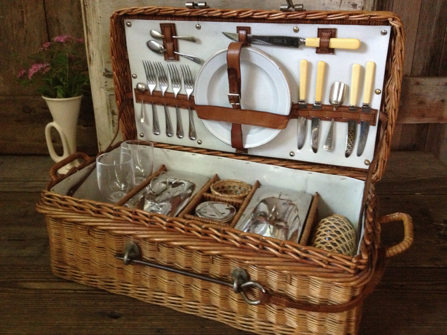 English Wicker Picnic Basket Leather Serving Pieces Enamel