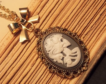 Gold and Gray Skeleton Cameo Necklace