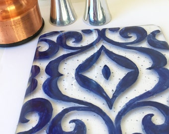 Painted Hot Plate, Fused Glass Trivet, Blue Kitchen Decor